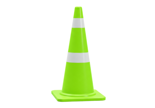 Isolated traffic cone in bright green color, road safety, construction area, caution sign