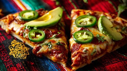 Mexican pizza slice with jalapeños and avocado, placed on colorful textile background