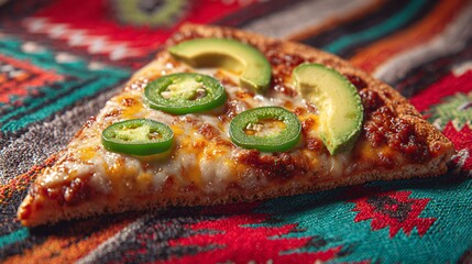 Mexican pizza slice with jalapeños and avocado, placed on colorful textile background