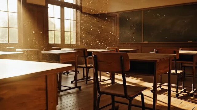 Morning sunlight across empty classroom desks
