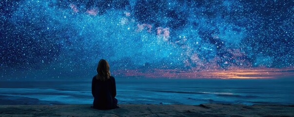 Obraz premium Woman dreaming of cosmos filled with stars concept. A person gazes at a starry night sky above the ocean.