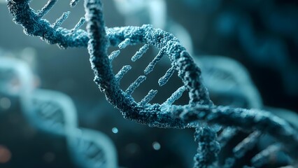 A blue-tinted close-up of a DNA double helix, the molecule that carries genetic information. Concept DNA Double Helix, Blue-Tinted Close-Up, Molecular Biology, Genetic Information