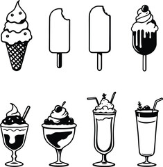 An assortment of desserts including ice cream cones popsicles and sundaes in a graphic black and white style