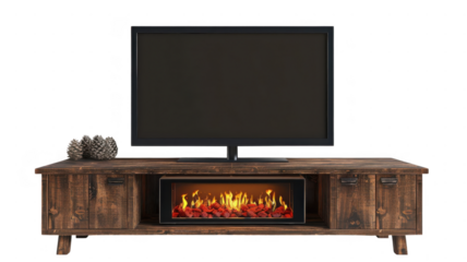 Tv on stand with fire display on transparent background
