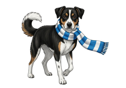 Appenzeller sennenhund wearing a blue and white striped scarf isolated on transparent background