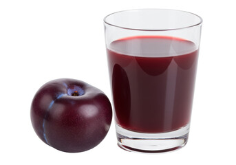 Isolated glass of plum juice with fresh fruit, a dark red fruit drink, healthy and nutritious