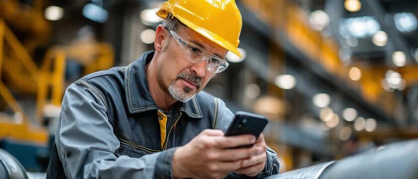 Industrious in the Factory: An experienced engineer, clad in protective gear, meticulously examines data on a modern smartphone amidst the complex machinery of a manufacturing plant.