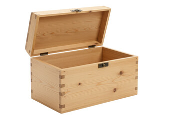 Isolated wooden hinged box with an open lid, handcrafted, rustic, container, receptacle