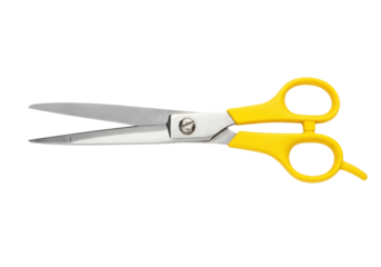 Isolated scissors with yellow handles for cutting, crafting, paper, trimming or hairdressing