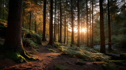Obraz premium Beautiful forest background for screensaver. with sunbeams. Calm close-up of fairytale forest and nature landscape, panorama. Summer vacation, holiday, amazing nature.