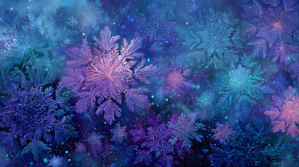 Naklejka premium A festive abstract Christmas background featuring glowing blue snowflakes with black, pink, and purple colors, creating a vibrant winter-themed design.