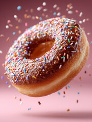 Levitating donut with colorful sprinkles on pink background.