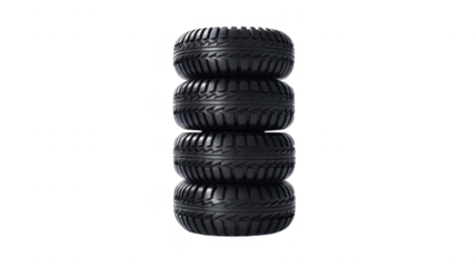 A stack of four black tires on transparent background