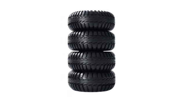 A stack of four black tires on transparent background