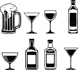 Black and white vector illustration of various alcohol drinks in glasses and bottles on white background