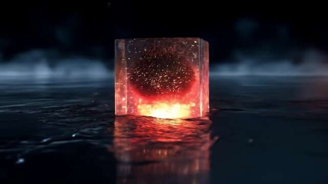 A glowing ice cube with a swirling core of light and particles, floating on a dark, reflective surface, creating a mystical atmosphere, ideal for digital art or abstract backgrounds