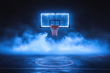 Illuminated basketball hoop surrounded by blue fog in a dramatic setting at night