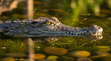 Fototapeta premium Crocodile in Water Reptile Wildlife Aquatic Habitat Submerged Predator Close Up