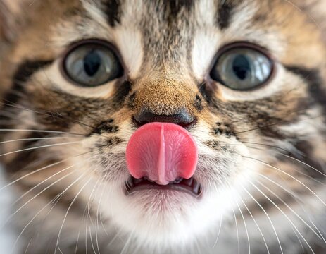 Funny kitten licking nose close-up
鼻を舐める子猫の面白いクローズアップ