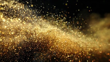 Obraz premium A cascade of golden glitter particles forming a bright sparkling bokeh across a dark background. Concept Golden Glitter, Sparkling Bokeh, Dark Background, Cascading Light Particles