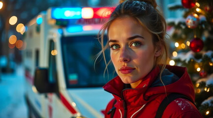 A young female doctor in a red medical winter jacket works on New Year's Eve near a Christmas tree in winter, next to a car