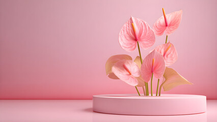 Fototapeta premium Podium product stand, Cosmetic display stand with anthurium flower on pink background. 3D rendering