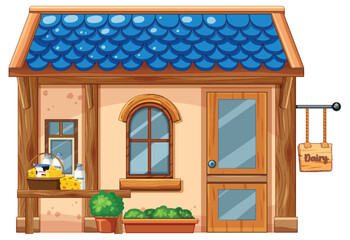 Small Dairy Shop with Blue Tiled Roof Illustration
