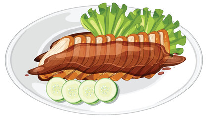 Sliced Roast Chicken Breast with Lettuce and Cucumber on Plate