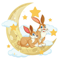 Two Cartoon Rabbits Sitting on Crescent Moon with Stars