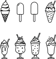 A collection of hand drawn ice cream cones and ice cream sundaes in black and white line art style