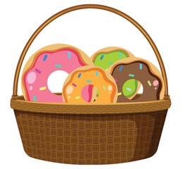 Colorful Frosted Donuts in Wicker Basket Illustration