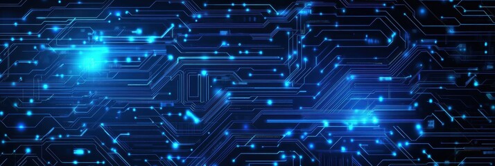 Digital circuit layout with blue elements and glowing lights for advertising purposes
