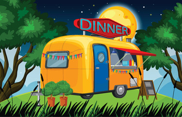 Retro Food Truck Serving Dinner Under Moonlit Sky