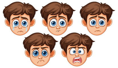 Cartoon Boy Expressing Sadness and Anxiety with Facial Emotions