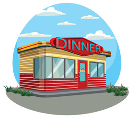 Retro American Diner Exterior with Neon Sign