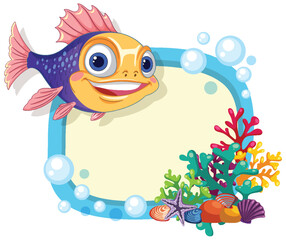 Smiling Cartoon Fish with Coral Reef Frame and Bubbles