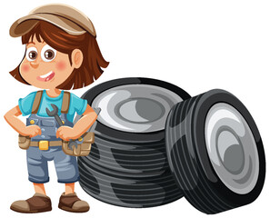 Young Mechanic Girl Standing Beside Stacked Car Tires