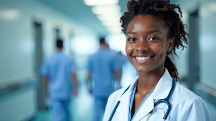 A young happy dark-skinned African American woman at work in a hospital, with doctors in blue uniforms walking down the hallway in the background.
