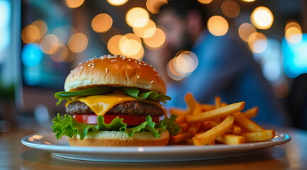 On a programmer's desk in the office, a lunch of fries and a burger