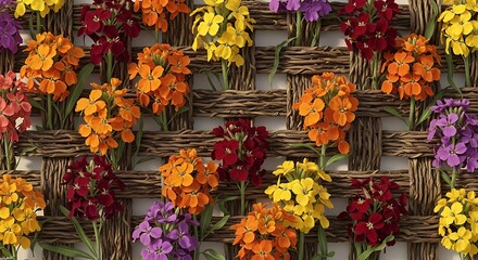 Vibrant colorful flowers in shades of purple orange yellow and red woven into a rustic wooden lattice