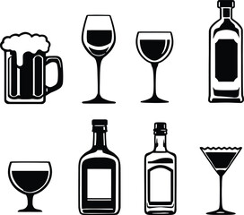 A collection of various alcoholic beverages including beer wine and liquor in a simple black and white style