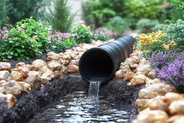 Garden layout featuring a drainage pipe with flowers and stones at a serene waterway