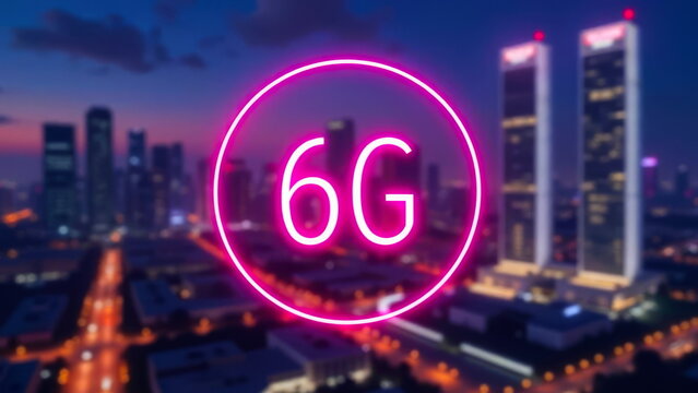 6G connection, high-tech text, against the backdrop of a night-time metropolis