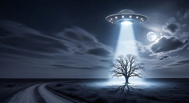 Mysterious alien spacecraft beams light down onto a solitary tree in a dark cloudy night landscape - Powered by Adobe