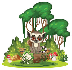 Ring-Tailed Lemur Sitting on Forest Log in Jungle