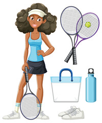 Female Tennis Player With Equipment and Accessories Vector Illustration