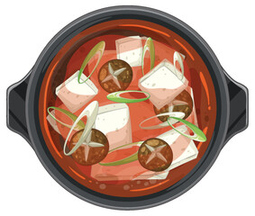 Korean Tofu Stew with Mushrooms and Scallions in Pot