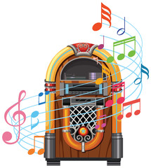 Retro Jukebox Playing Colorful Musical Notes Vector Illustration
