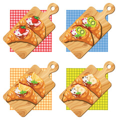 Fruit Topped Croissants on Wooden Boards with Colorful Napkins