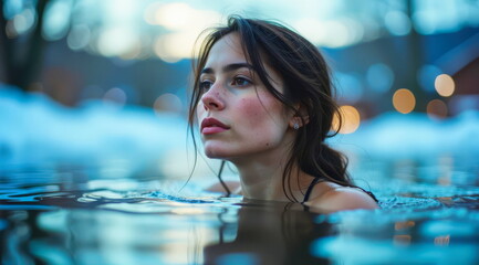 A brunette woman swims in a cold river in winter